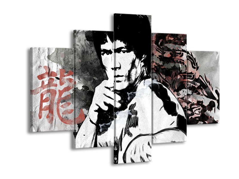 Glasschilderij Bruce Lee, Sport | Zwart, Wit, Rood | 150x105cm 5Luik