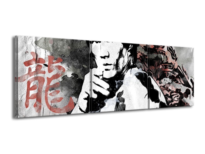 Glasschilderij Bruce Lee, Sport | Zwart, Wit, Rood | 150x50cm 3Luik