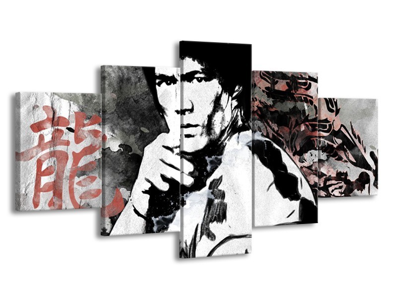 Glasschilderij Bruce Lee, Sport | Zwart, Wit, Rood | 150x80cm 5Luik