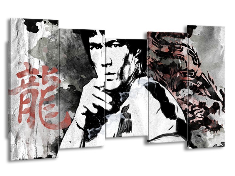 Glasschilderij Bruce Lee, Sport | Zwart, Wit, Rood | 150x80cm 5Luik