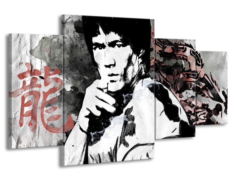 Glasschilderij Bruce Lee, Sport | Zwart, Wit, Rood | 160x90cm 4Luik