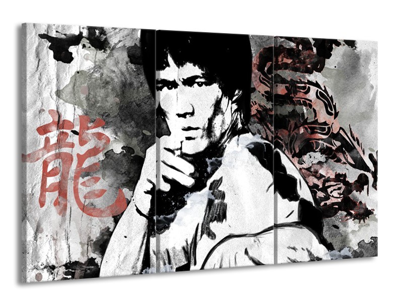 Canvas Schilderij Bruce Lee, Sport | Zwart, Wit, Rood | 165x100cm 3Luik