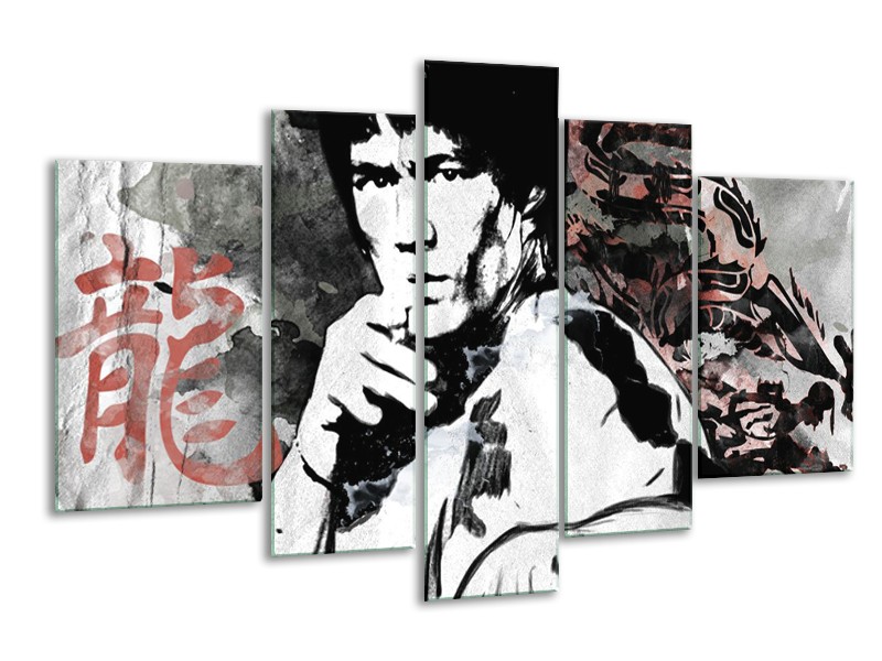 Canvas Schilderij Bruce Lee, Sport | Zwart, Wit, Rood | 170x100cm 5Luik