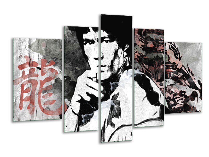 Glasschilderij Bruce Lee, Sport | Zwart, Wit, Rood | 170x100cm 5Luik