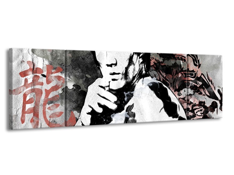 Glasschilderij Bruce Lee, Sport | Zwart, Wit, Rood | 170x50cm 3Luik