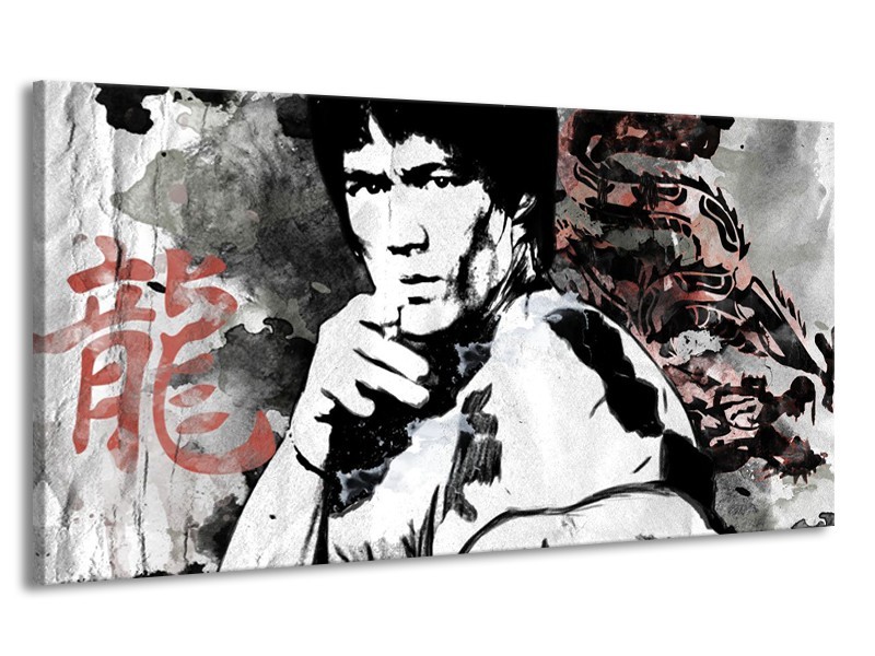 Canvas Schilderij Bruce Lee, Sport | Zwart, Wit, Rood | 170x90cm 1Luik