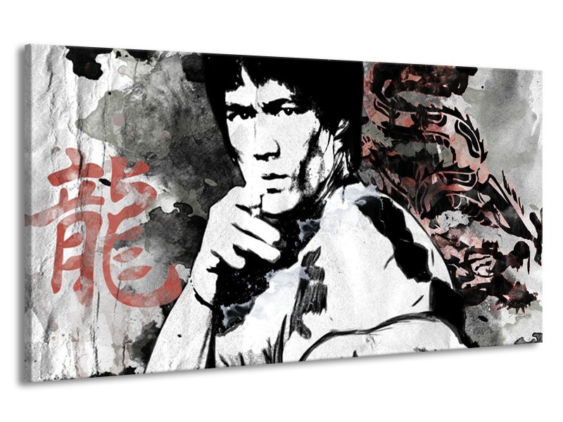 Canvas Schilderij Bruce Lee, Sport | Zwart, Wit, Rood | 190x100cm 1Luik