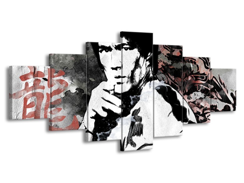 Canvas Schilderij Bruce Lee, Sport | Zwart, Wit, Rood | 210x100cm 7Luik