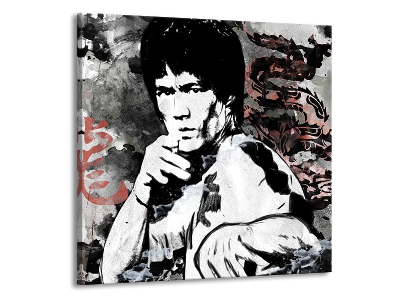 Glasschilderij Bruce Lee, Sport | Zwart, Wit, Rood | 50x50cm 1Luik