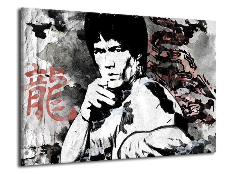 Canvas Schilderij Bruce Lee, Sport | Zwart, Wit, Rood | 70x50cm 1Luik