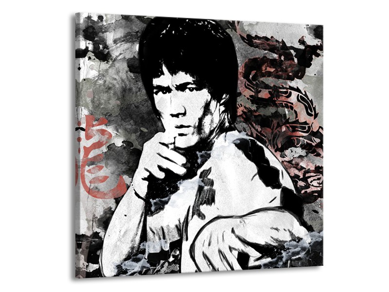 Glasschilderij Bruce Lee, Sport | Zwart, Wit, Rood | 70x70cm 1Luik