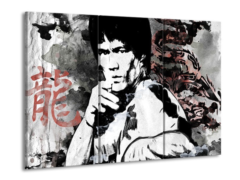 Glasschilderij Bruce Lee, Sport | Zwart, Wit, Rood | 60x90cm 3Luik