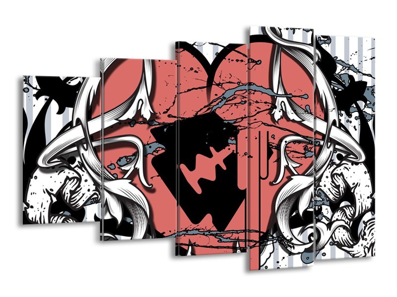 Glasschilderij Popart, Hart | Rood, Grijs, Zwart | 150x100cm 5Luik