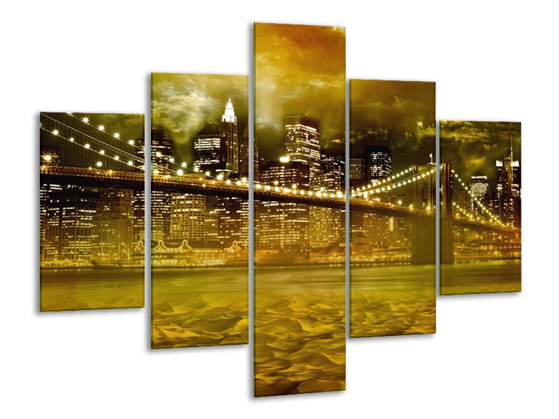 Canvas Schilderij New York, Brug | Oranje, Bruin, Groen | 100x70cm 5Luik
