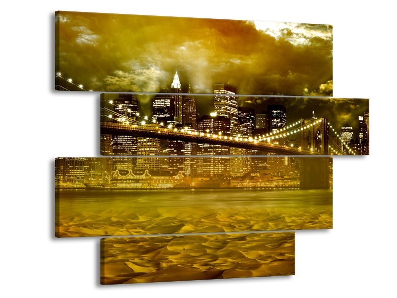 Canvas Schilderij New York, Brug | Oranje, Bruin, Groen | 115x85cm 4Luik