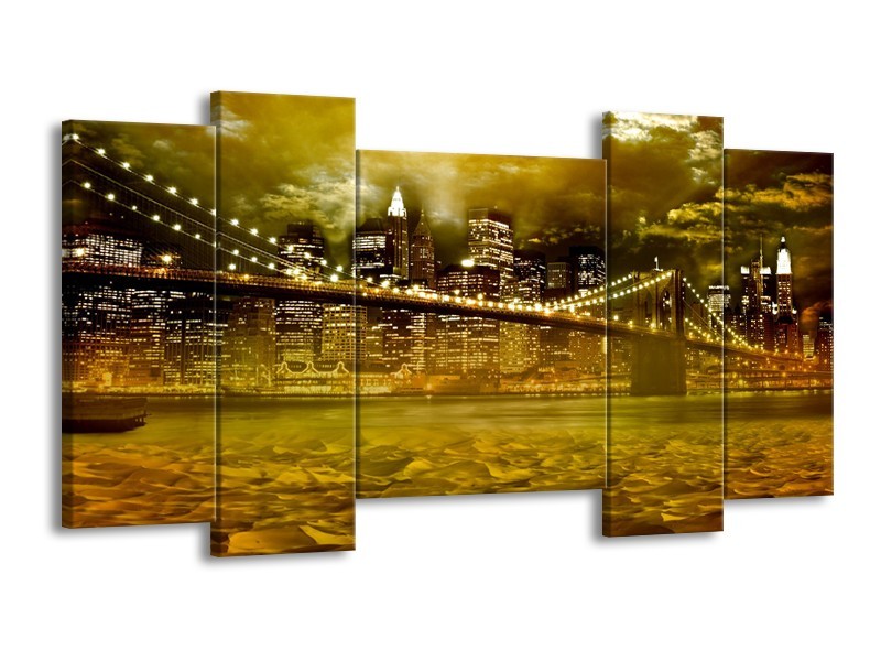 Canvas Schilderij New York, Brug | Oranje, Bruin, Groen | 120x65cm 5Luik