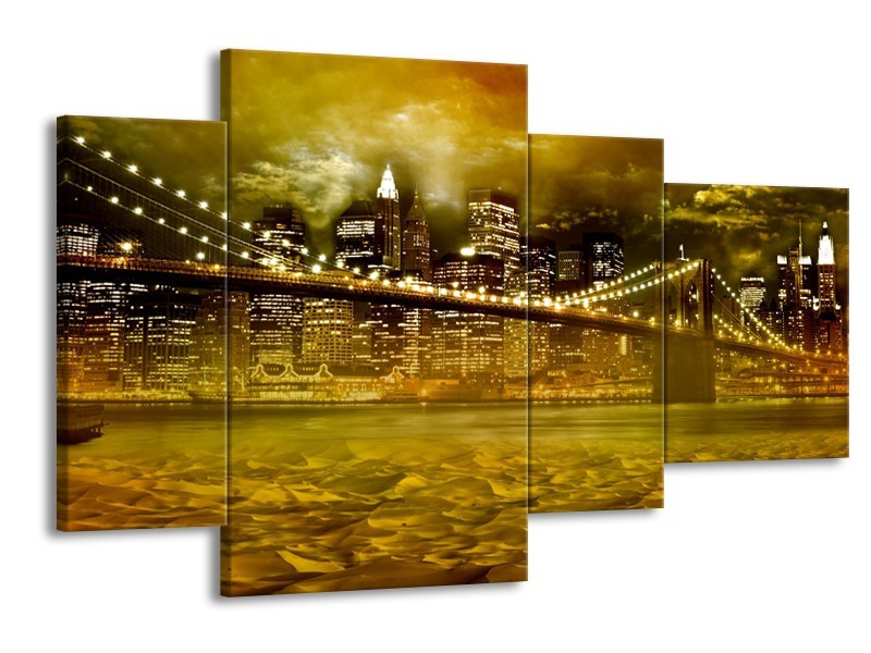 Canvas Schilderij New York, Brug | Oranje, Bruin, Groen | 120x75cm 4Luik