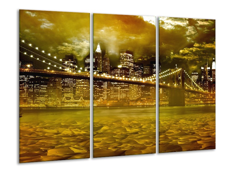 Canvas Schilderij New York, Brug | Oranje, Bruin, Groen | 120x80cm 3Luik