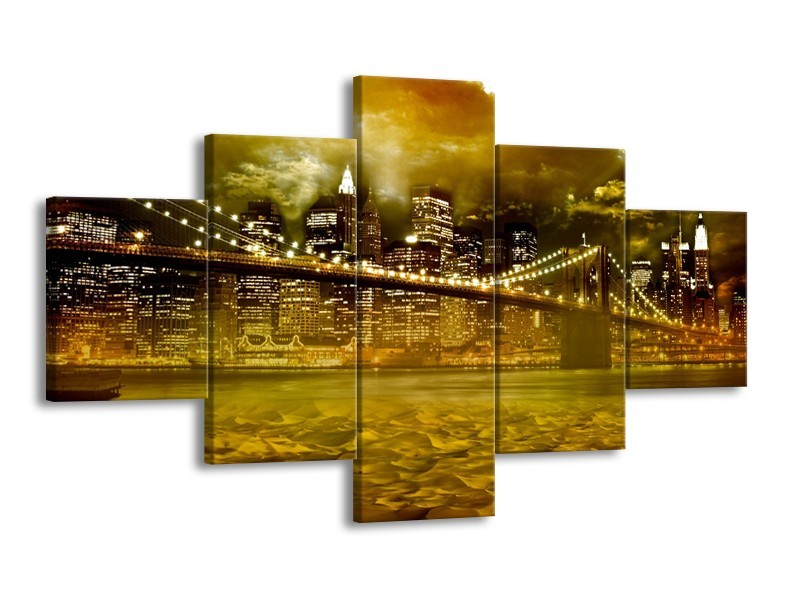 Glasschilderij New York, Brug | Oranje, Bruin, Groen | 125x70cm 5Luik