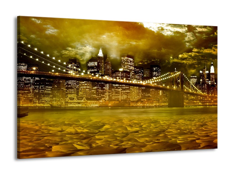 Glasschilderij New York, Brug | Oranje, Bruin, Groen | 140x90cm 1Luik