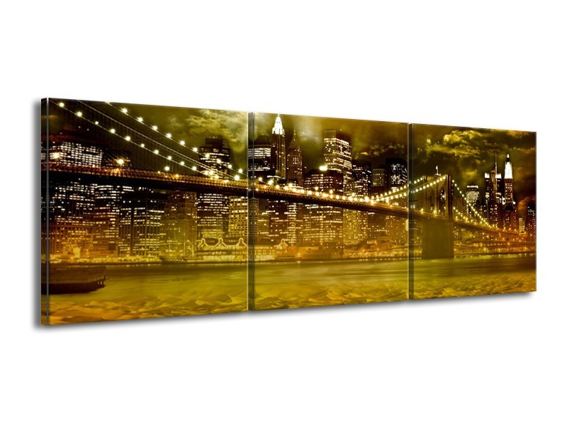 Canvas Schilderij New York, Brug | Oranje, Bruin, Groen | 150x50cm 3Luik