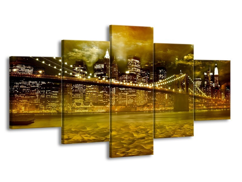 Glasschilderij New York, Brug | Oranje, Bruin, Groen | 150x80cm 5Luik