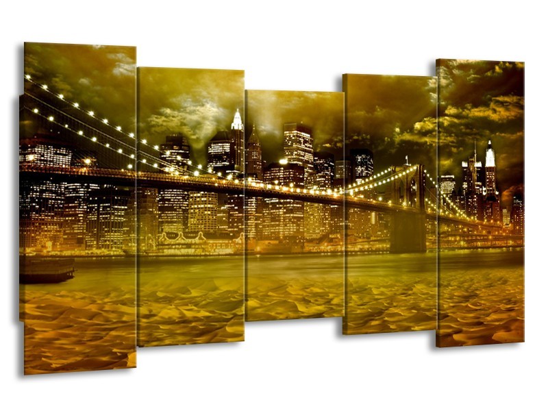 Canvas Schilderij New York, Brug | Oranje, Bruin, Groen | 150x80cm 5Luik