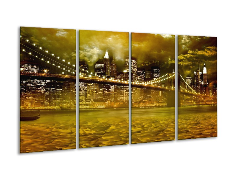 Canvas Schilderij New York, Brug | Oranje, Bruin, Groen | 160x80cm 4Luik