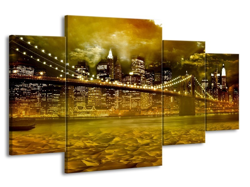 Canvas Schilderij New York, Brug | Oranje, Bruin, Groen | 160x90cm 4Luik