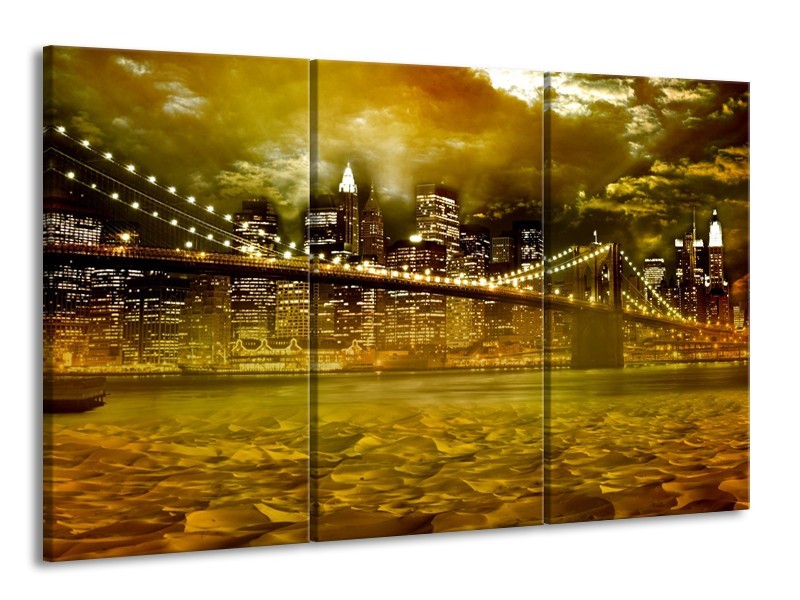 Canvas Schilderij New York, Brug | Oranje, Bruin, Groen | 165x100cm 3Luik