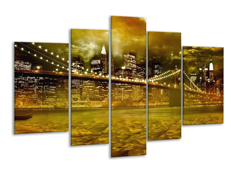 Canvas Schilderij New York, Brug | Oranje, Bruin, Groen | 170x100cm 5Luik