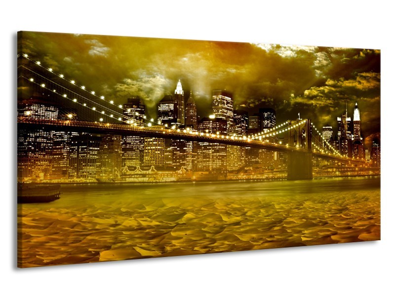 Canvas Schilderij New York, Brug | Oranje, Bruin, Groen | 190x100cm 1Luik