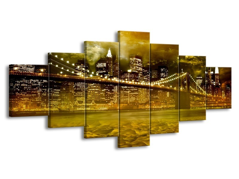 Canvas Schilderij New York, Brug | Oranje, Bruin, Groen | 210x100cm 7Luik