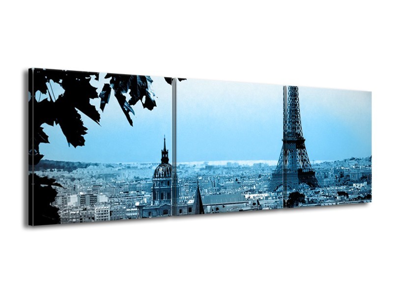 Glasschilderij Parijs, Eiffeltoren | Grijs, Blauw | 150x50cm 3Luik