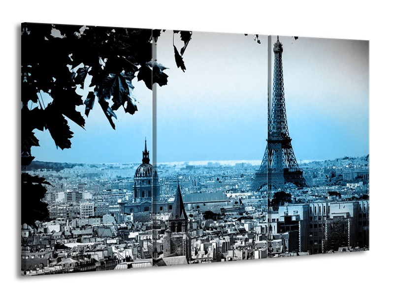 Glasschilderij Parijs, Eiffeltoren | Grijs, Blauw | 165x100cm 3Luik