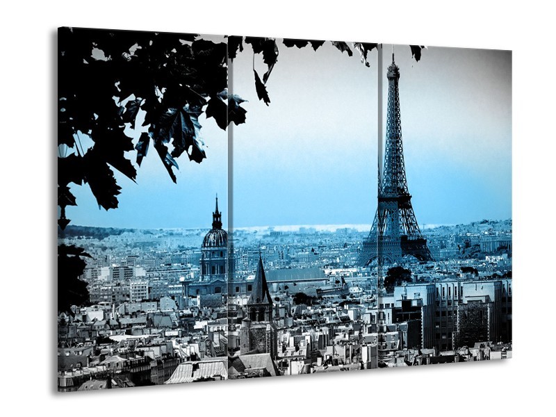 Glasschilderij Parijs, Eiffeltoren | Grijs, Blauw | 60x90cm 3Luik