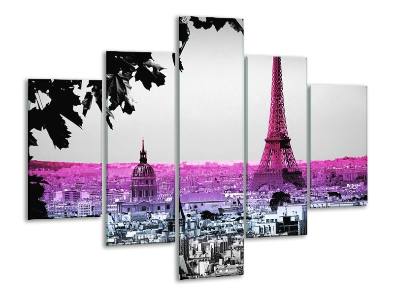 Canvas Schilderij Parijs, Eiffeltoren | Paars, Roze, Grijs | 100x70cm 5Luik