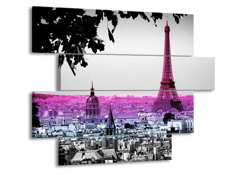 Glasschilderij Parijs, Eiffeltoren | Paars, Roze, Grijs | 115x85cm 4Luik