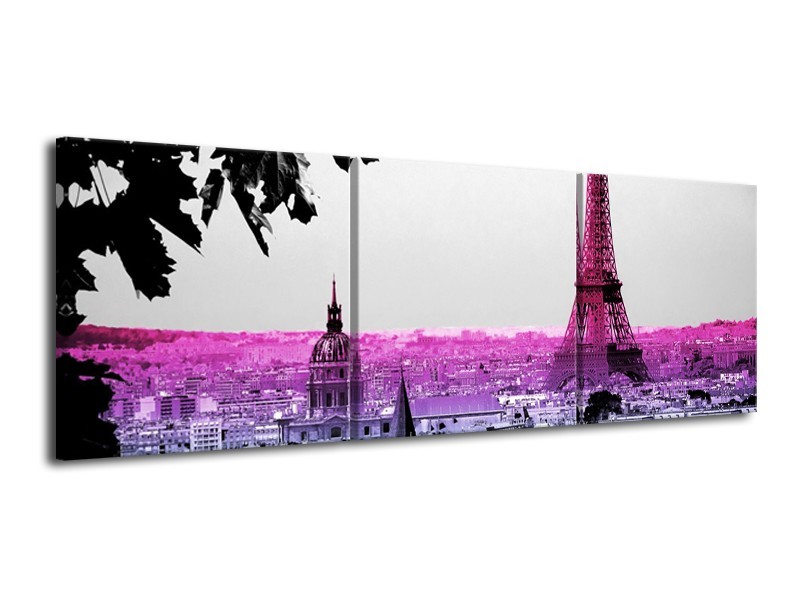 Glasschilderij Parijs, Eiffeltoren | Paars, Roze, Grijs | 120x40cm 3Luik