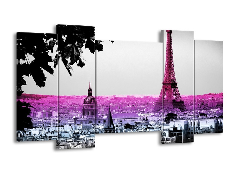 Canvas Schilderij Parijs, Eiffeltoren | Paars, Roze, Grijs | 120x65cm 5Luik