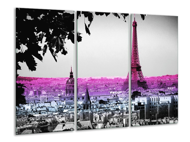 Glasschilderij Parijs, Eiffeltoren | Paars, Roze, Grijs | 120x80cm 3Luik