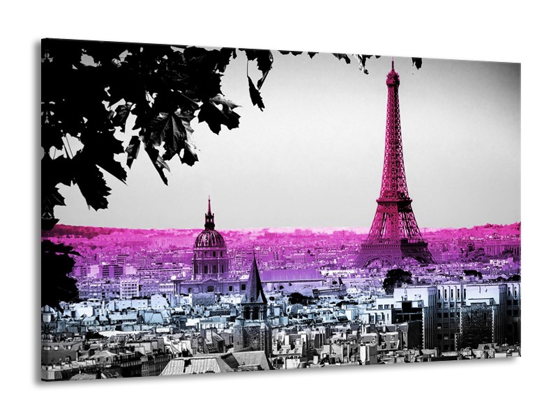Canvas Schilderij Parijs, Eiffeltoren | Paars, Roze, Grijs | 140x90cm 1Luik