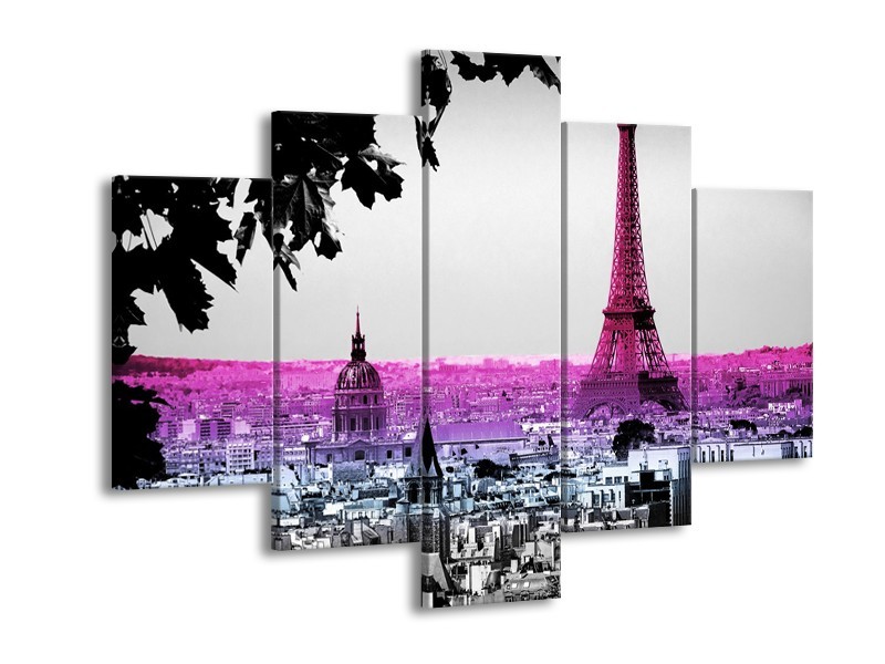 Canvas Schilderij Parijs, Eiffeltoren | Paars, Roze, Grijs | 150x105cm 5Luik