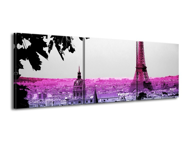 Glasschilderij Parijs, Eiffeltoren | Paars, Roze, Grijs | 150x50cm 3Luik