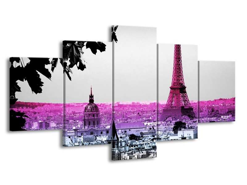 Glasschilderij Parijs, Eiffeltoren | Paars, Roze, Grijs | 150x80cm 5Luik
