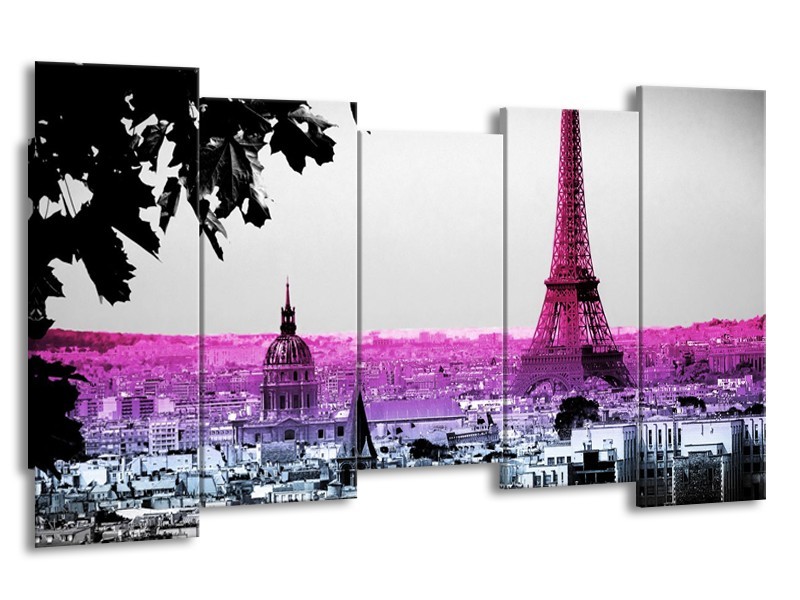 Glasschilderij Parijs, Eiffeltoren | Paars, Roze, Grijs | 150x80cm 5Luik