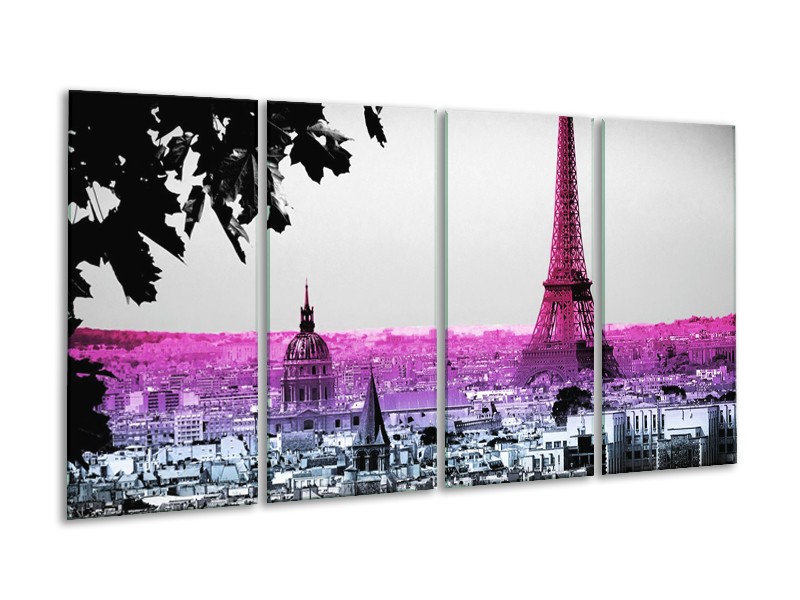 Glasschilderij Parijs, Eiffeltoren | Paars, Roze, Grijs | 160x80cm 4Luik