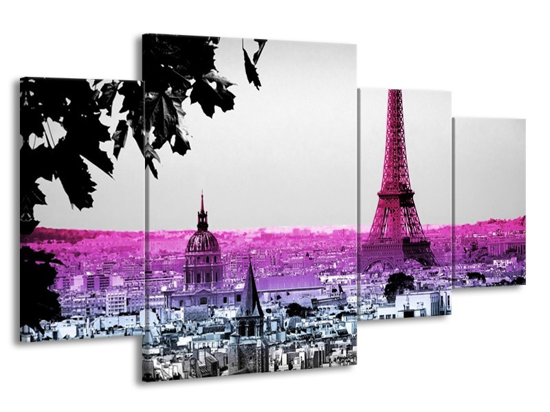 Canvas Schilderij Parijs, Eiffeltoren | Paars, Roze, Grijs | 160x90cm 4Luik