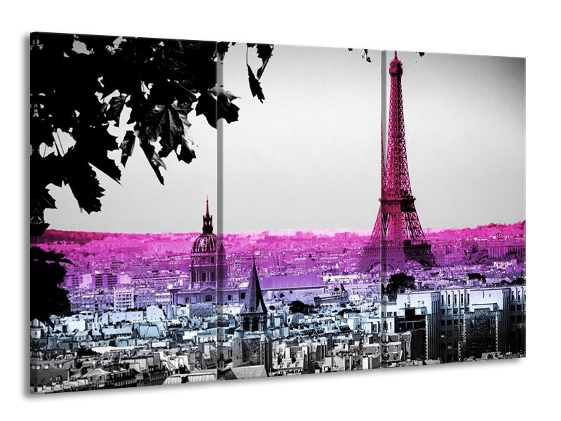 Canvas Schilderij Parijs, Eiffeltoren | Paars, Roze, Grijs | 165x100cm 3Luik