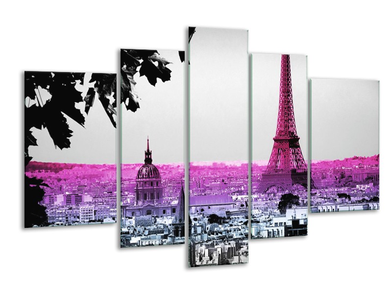 Canvas Schilderij Parijs, Eiffeltoren | Paars, Roze, Grijs | 170x100cm 5Luik